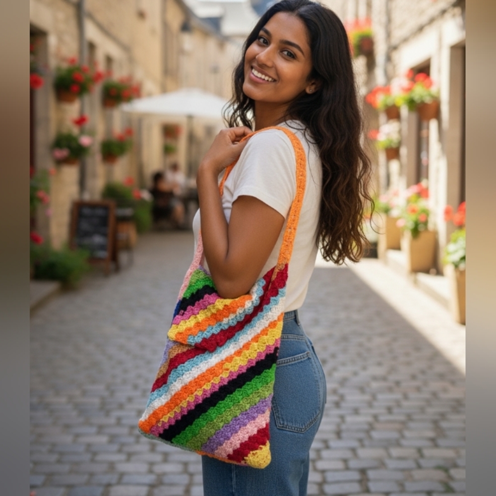 Handmade Vintage 90s Rainbow Crochet Bucket Bag with Fold Over Flap